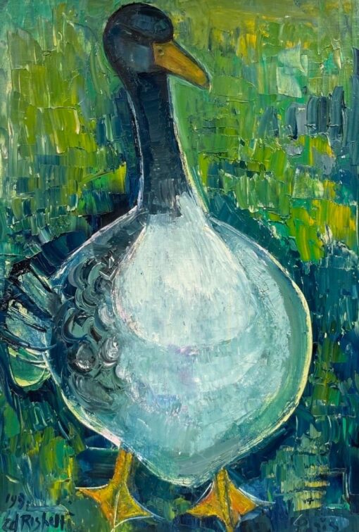 Original French Mid Century Oil - Vibrant Greens & Blue Duck Portrait