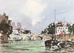 MAURICE MAZEILIE-FRENCH Watercolour - Dainty Landscape Bridge With Notre Dame