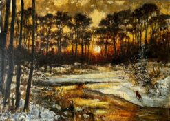Snowy Woodland Sun Rise With Observant An Small Fox