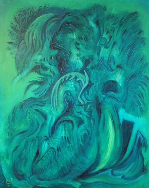 Expressive Abstract, Green Colour, Original Oil Painting, Signed