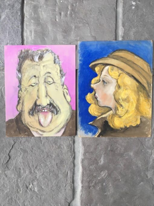 Pair of French Character Portraits, Pink and Blue Backgrounds