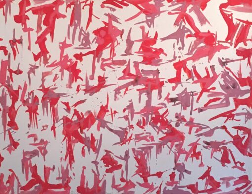 Large French Abstract Painting, Watercolour, Signed, Red and Purple Palette