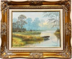 Sunrise over Tranquil River Landscape with Cattle Grazing in Meadows English Oil