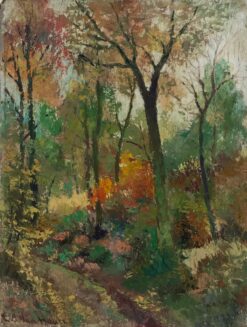 Antique French Impressionist Signed Oil Autumnal Woodland Pathway