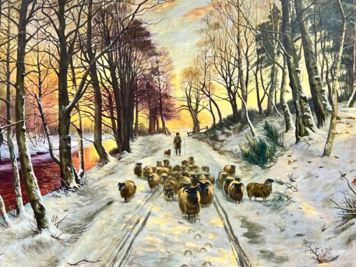 Huge Scottish Signed Painting Sheep in Winter Snowy Sunset Landscape
