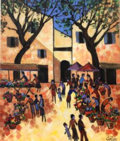 Provencal Town Market Square Busy Scene with Many Figures with Flowers