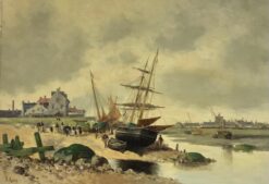 Antique French Marine Oil Fishing Boats Bringing in the Catch Old Harbour