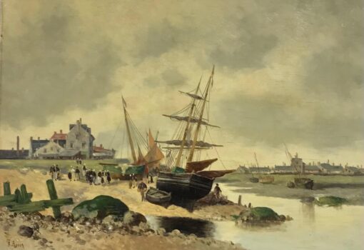 Antique French Marine Oil Fishing Boats Bringing in the Catch Old Harbour