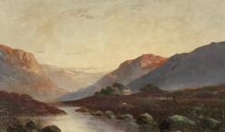 Antique Scottish Highlands Cottage in Mountain Glen at Sunset, signed oil