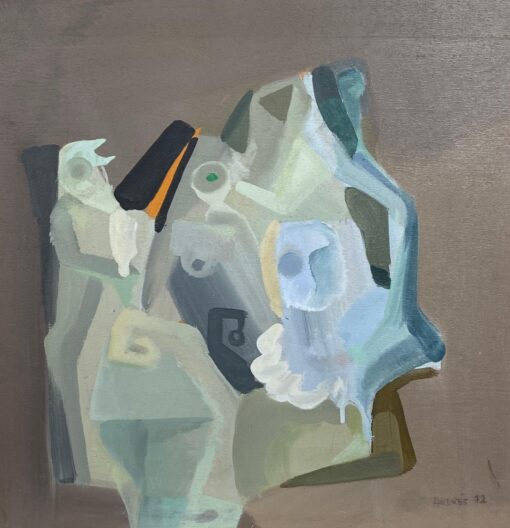 French Surrealist Oil Painting Figurative Scene - Blue Abstract Shapes