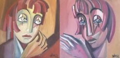 Contemporary Abstract French Portraits Two Paintings Side by Side