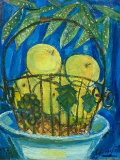 Original French Mid Century Oil - Bright Apples In Basket