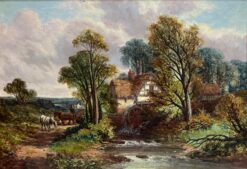 Charming Victorian Oil Painting Rural Watermill House with Horses & Cart