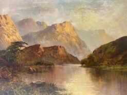 Antique Scottish Highlands Oil Painting Sunset Landscape with Mountains