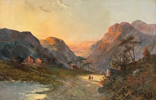 Romantic Scottish Highlands Antique Oil Painting, Mother & Child Glen Pathway