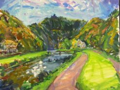 Large French Impressionist Signed Oil Lush Green River Landscape