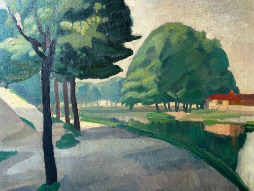 Mid 1900-1999 French Signed Oil Moody Atmospheric Green River Landscape Town