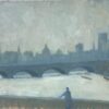 Modern British Signed Oil - London Skyline viewed from River Thames, grey tones