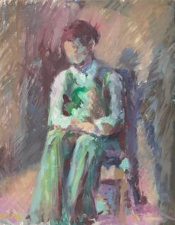 1960's British Original Impressionist Oil Painting Figure On Chair in Green