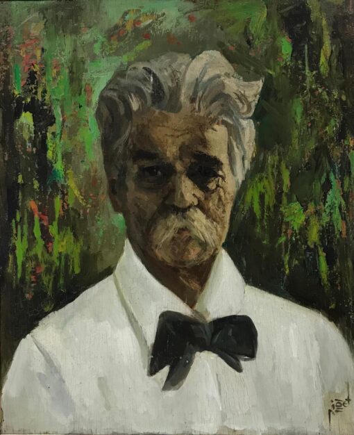 1950's French Signed Oil, Portrait of a Man with Mustache & Bow Tie, green