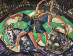 Large French Signed Oil - Abstract Circus Performers Acrobats on Horseback
