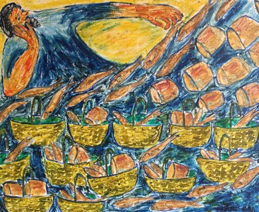 Fish and Loaves, Surrealist Abstract Oil Painting, Signed