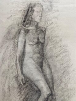 Mid 1900-1999 French Charcoal Drawing - Portrait of a Standing Nude Women
