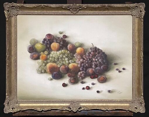 Large Signed Oil Still Life Fruit - Opulent display grapes peaches cherries