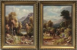 Fine Victorian Pair of Original Oil Paintings Figures Scottish Highland scenes