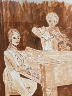 1950's French Modernist/ Cubist Painting signed - Pianist & Violin Duet