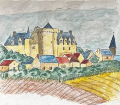 1950's Modernist/ Cubist Painting - Colourful Castle Landscape