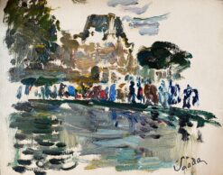 Parisian Park Louvre Paris, Figures by Pond, Signed French Impressionist Oil
