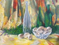 Large 1970's French Still Life Oil Painting Green Bottles Interior Scene