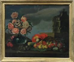 1800-1899 French Oil, Ornamental Flowers & Fruit Still Life Classical Setting