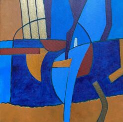 Abstract Painting by Listed British artist - Deep Blue Mustard Gold Ochre Colors