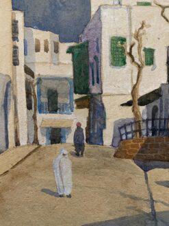 1900's English Impressionist Watercolor Painting Figures Middle Eastern Town