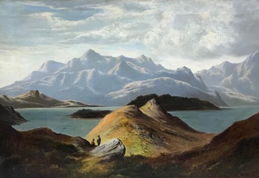 Fine Large Victorian Signed Scottish Oil Painting Figures by Loch & Mountains