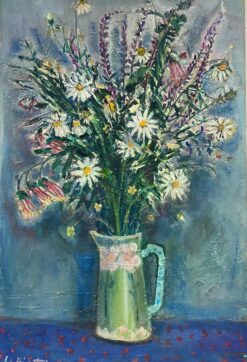 Large 1950's French Post-Impressionist Signed Oil - Bright Flowers Green & Blue