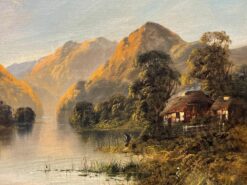 Antique Scottish Highlands Oil Painting Sunset over the Loch, signed & framed