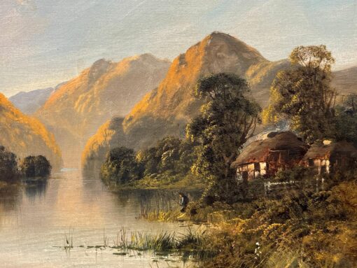 Antique Scottish Highlands Oil Painting Sunset over the Loch, signed & framed