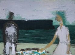 1900-1999 French Modernist Oil Two Figures on Beach with Sea & Jetty