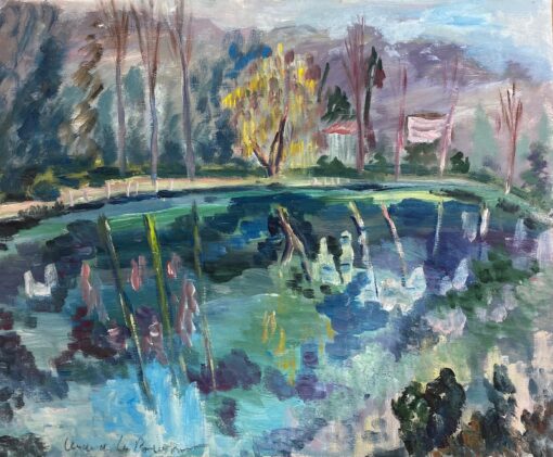 1900-1999 French Impressionist Oil Painting Summer Lake Green Teal Colors
