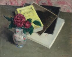 Vintage Mid 1900-1999 French Signed Oil Painting Pink Roses in Vase & Books