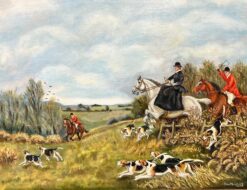Large British Hunting Scene Signed Oil Painting Lady Side Saddle on Horseback