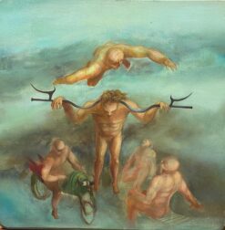 Large French Surrealist Oil Painting Figurative Scene Nudes on Motorbikes