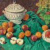 Mid Century French Post-Impressionist Signed Oil Apples on Green Table Interior