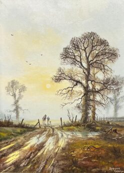 Rural English Landscape Sunrise with Plough Horse, Farmer & Dog, signed oil