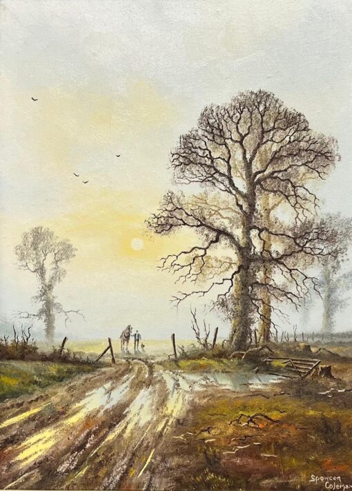 Rural English Landscape Sunrise with Plough Horse, Farmer & Dog, signed oil