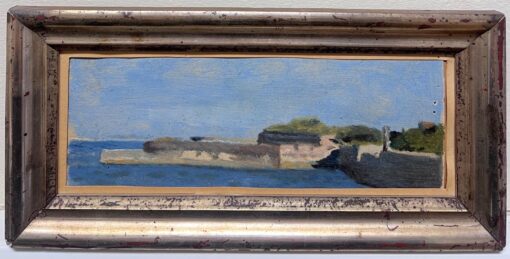 1950's French Impressionist Oil Painting Coastal Harbour Scene Old Stone Jetty