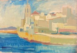 1900-1999 Signed German Modernist Oil Painting Mediterranean Coastal Town